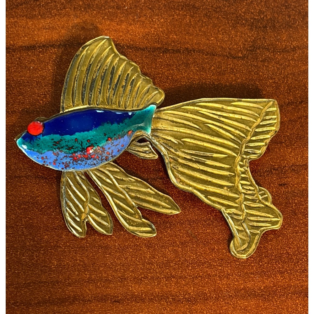 Vintage Fish Brooch Gold Tone Blue Enamel Figural Pin LCB Mark 2"